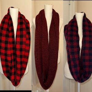 Bundle of 3 Women’s Infinity Scarves, Express, Black & Red, Blue & Red
